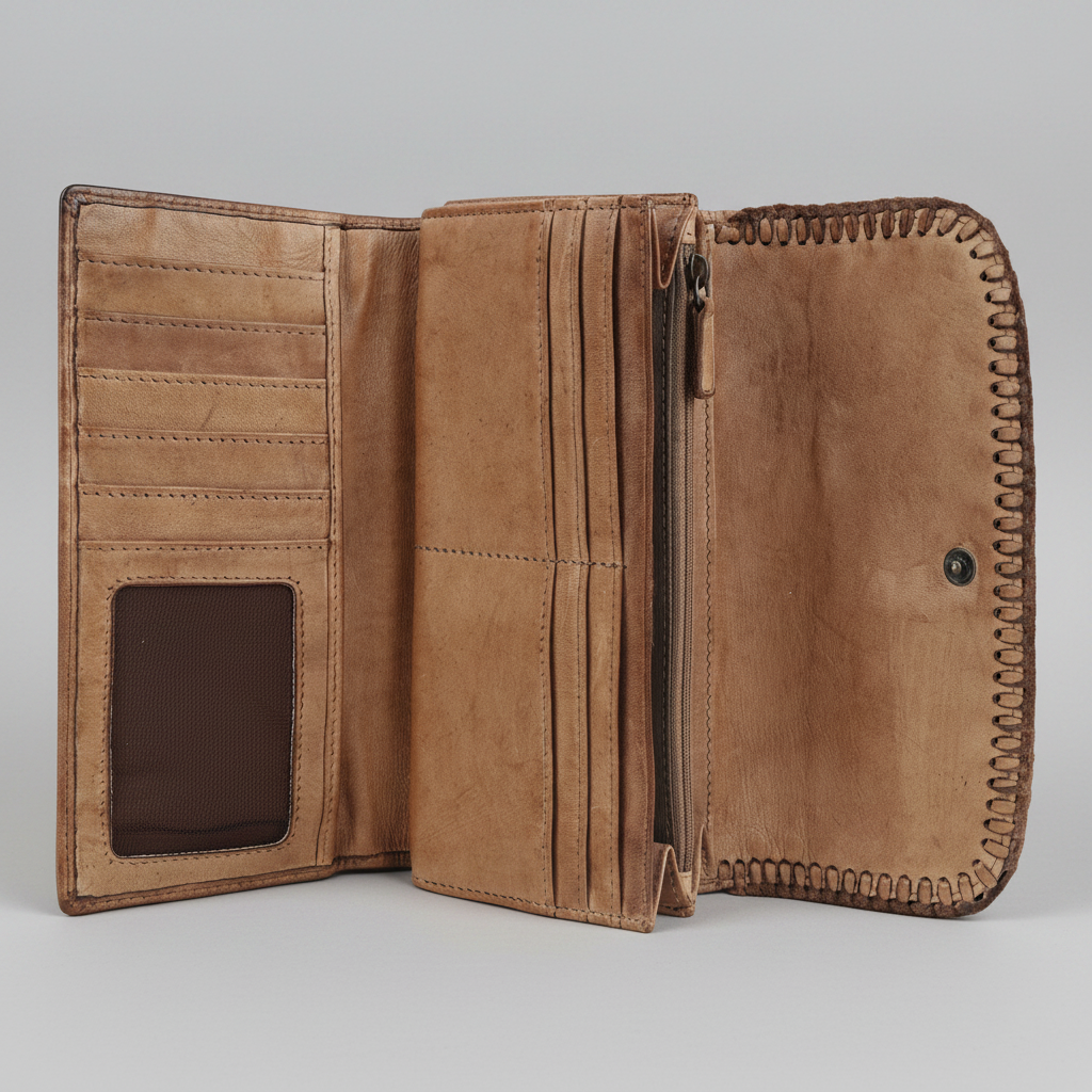 Women's Leather Tri-Fold Clutch Wallet – Studded & Whipstitch Detail