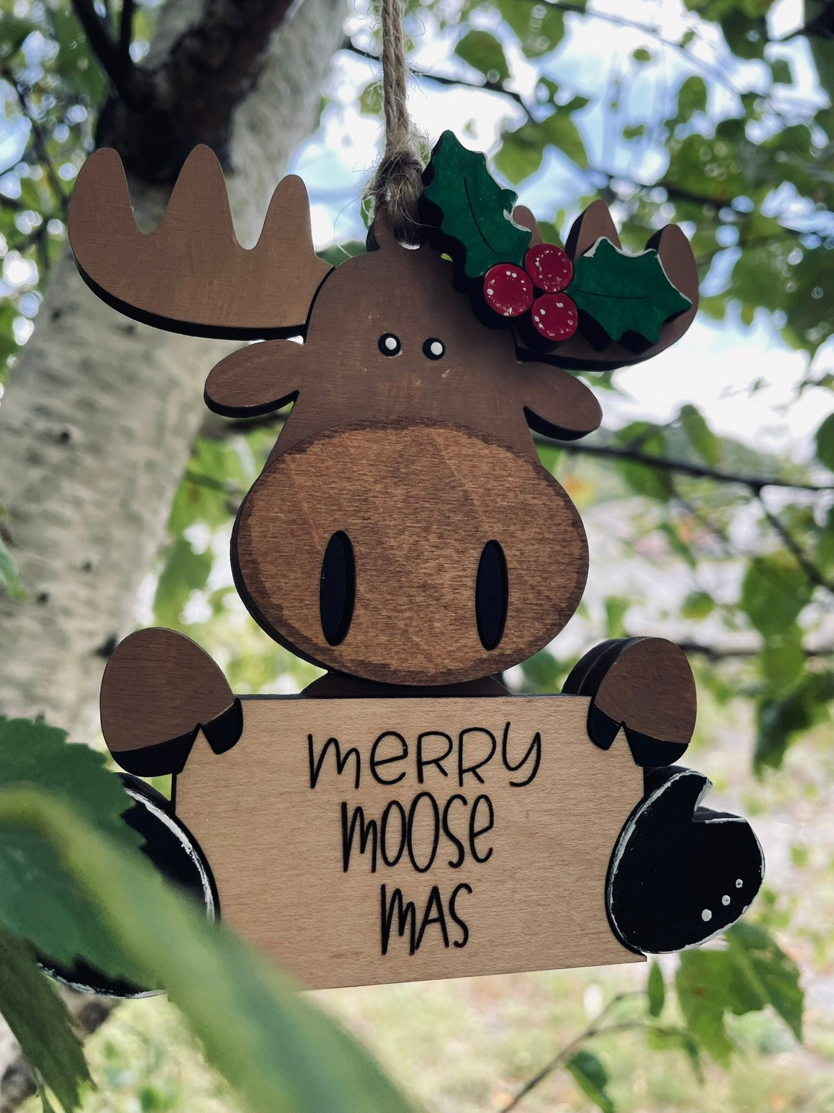 Hand-Painted “Merry Moose-Mas” Wooden Ornament