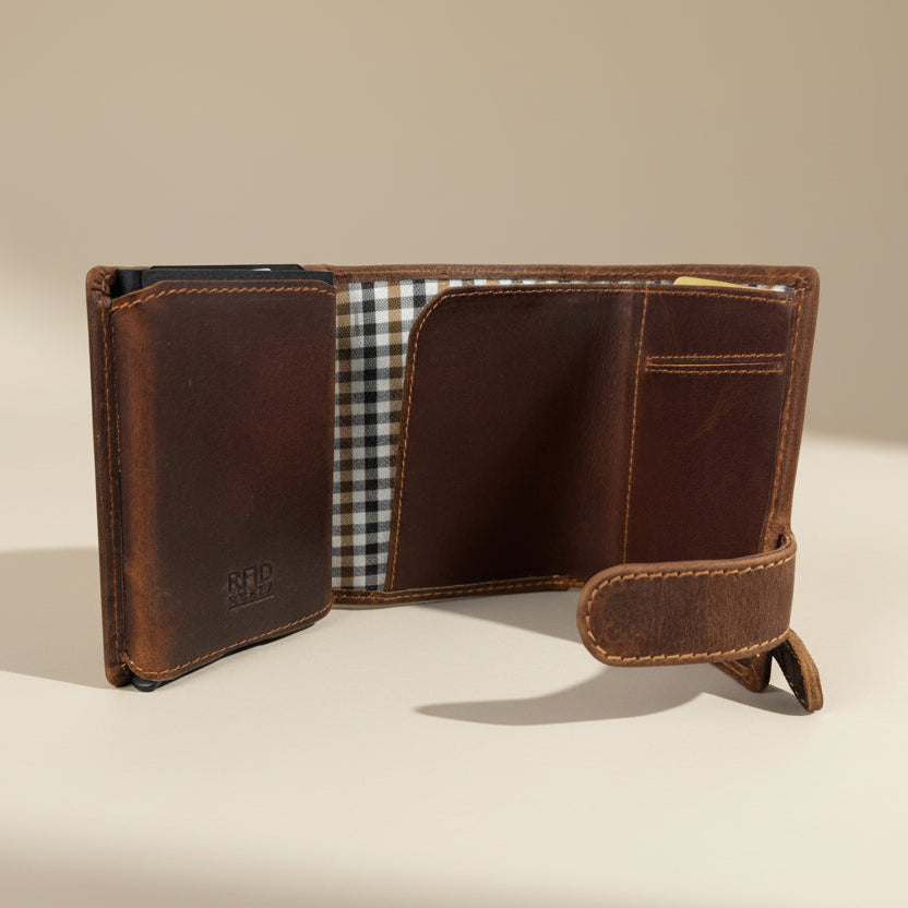 Men's RFID-Blocking Leather Trifold Wallet – Pop-Up Card Ejector & Coin Pocket