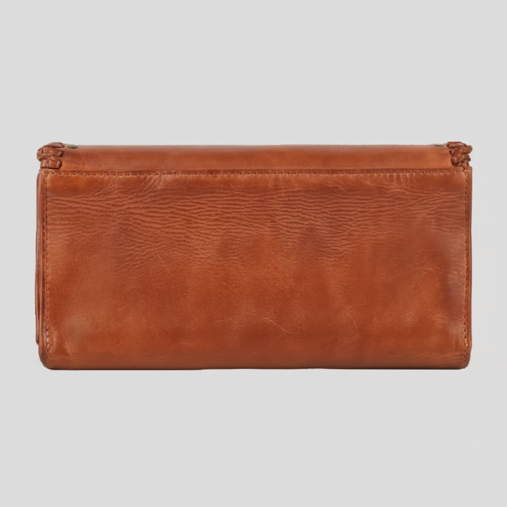 Women's Leather Tri-Fold Clutch Wallet – Studded & Whipstitch Detail