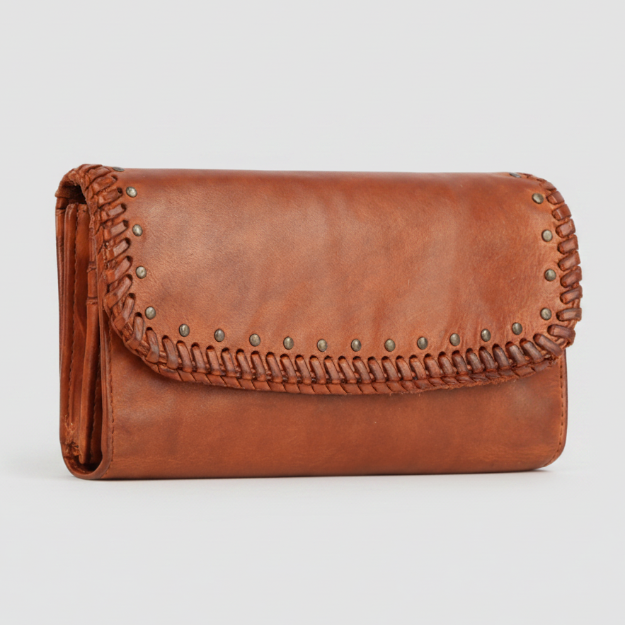 Women's Leather Tri-Fold Clutch Wallet – Studded & Whipstitch Detail