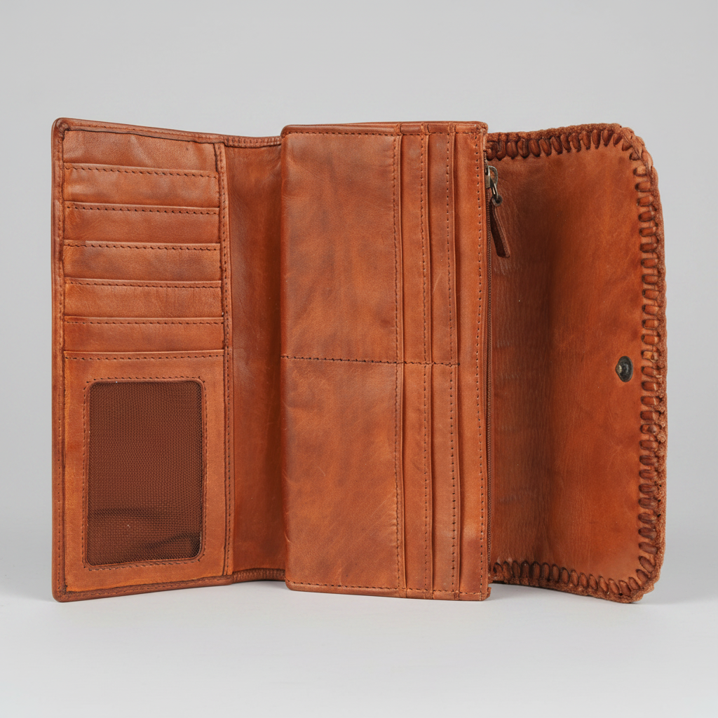 Women's Leather Tri-Fold Clutch Wallet – Studded & Whipstitch Detail