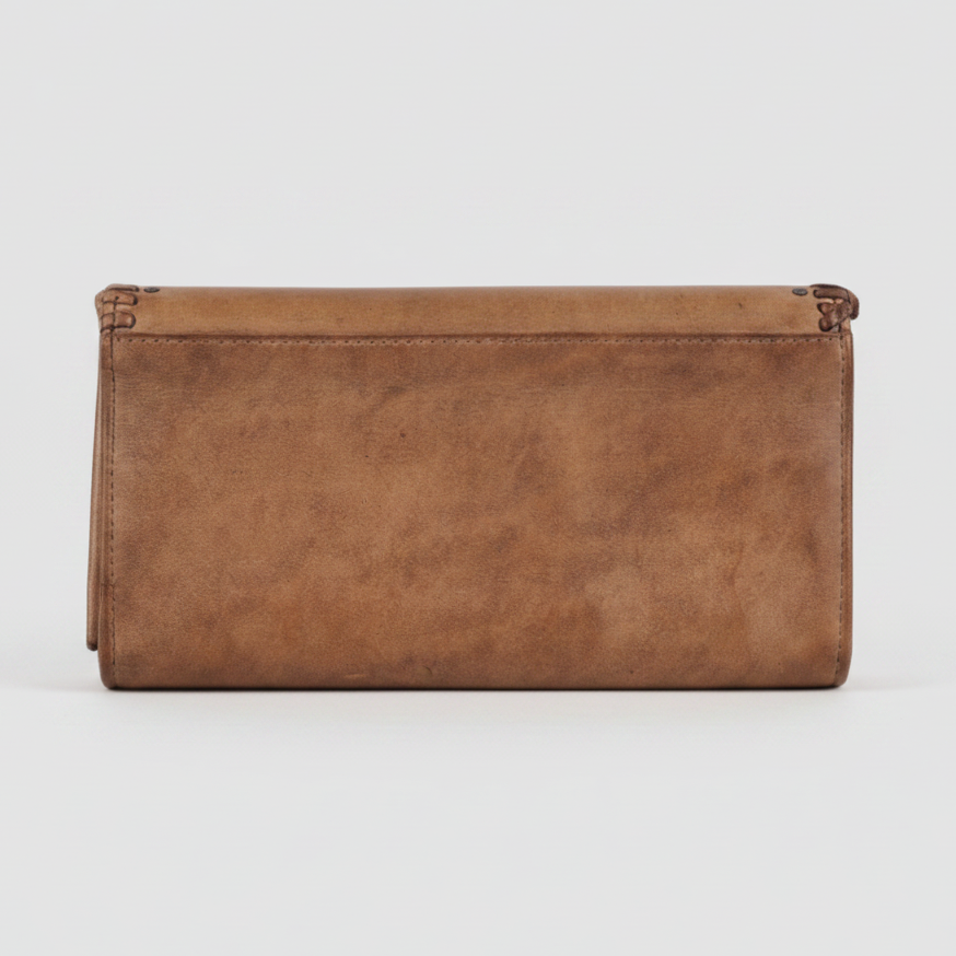 Women's Leather Tri-Fold Clutch Wallet – Studded & Whipstitch Detail