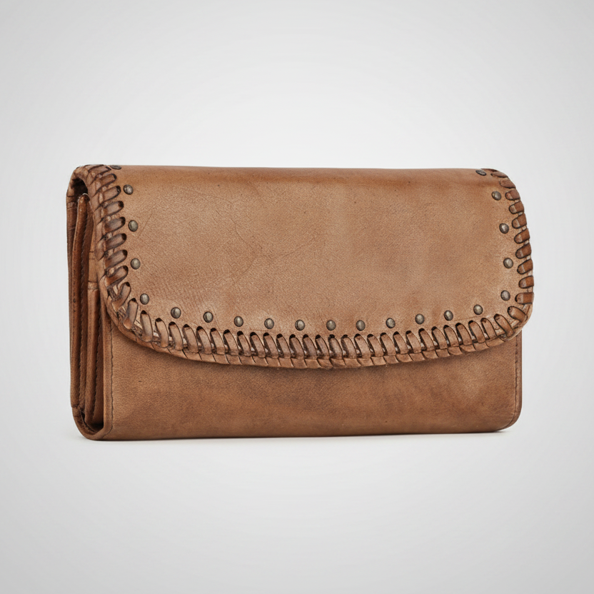 Women's Leather Tri-Fold Clutch Wallet – Studded & Whipstitch Detail