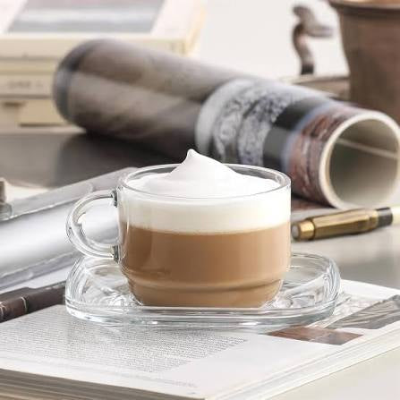 Stackable Glass Coffee Cup & Saucer 9 oz - LAV COZY - Set of 6