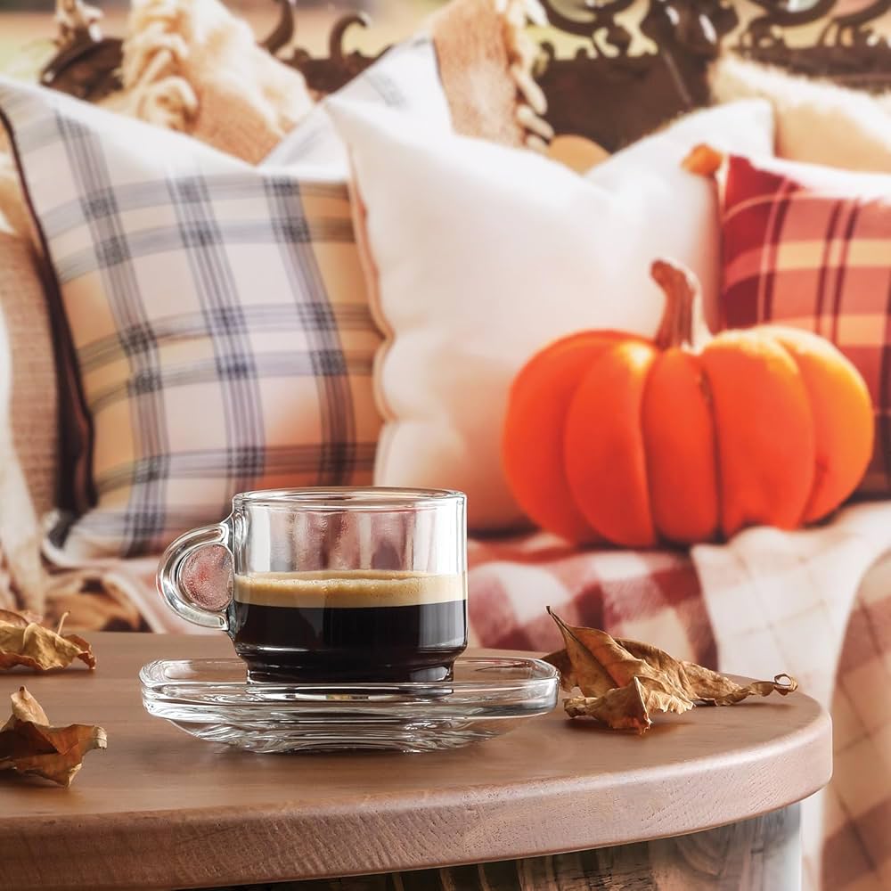 Stackable Glass Coffee Cup & Saucer 9 oz - LAV COZY - Set of 6