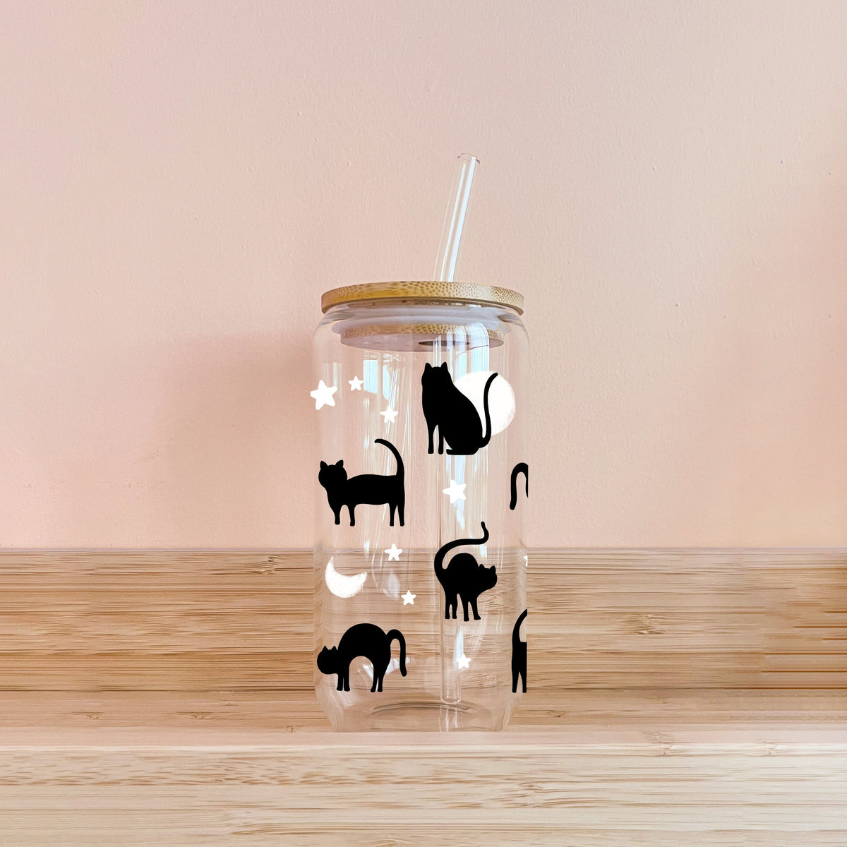 Black Cats Glass Tumbler with Bamboo Lid & Glass Straw | 16oz