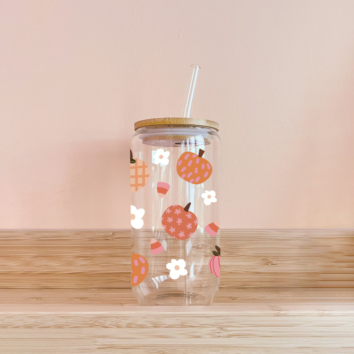 Boho Floral Pumpkin Glass Tumbler with Bamboo Lid & Glass Straw | 16oz