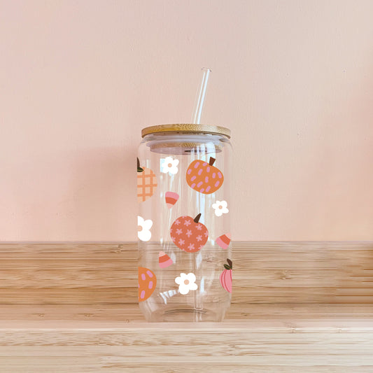 Boho Floral Pumpkin Glass Tumbler with Bamboo Lid & Glass Straw | 16oz