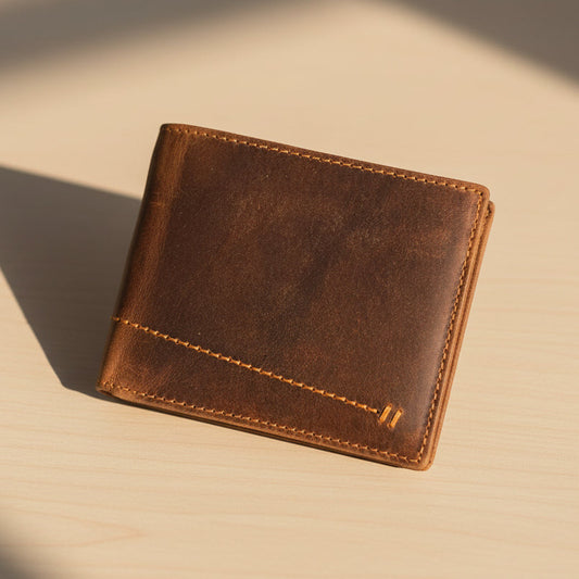 Men's RFID-Blocking Leather Bifold Wallet – Flip ID Window & Distressed Finish