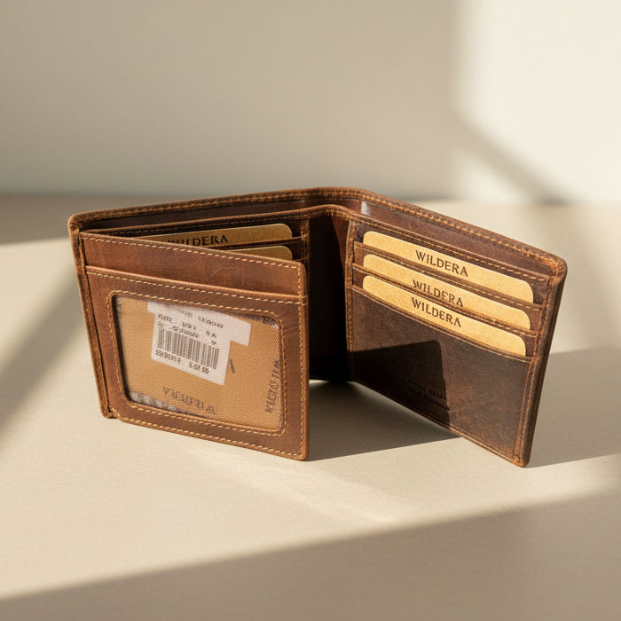 Men's RFID-Blocking Leather Bifold Wallet – Flip ID Window & Distressed Finish