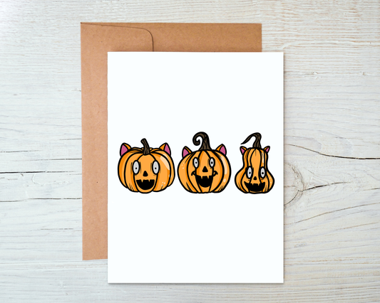 Pumpkin Cat Trio Card - Blank Inside with Kraft Envelope